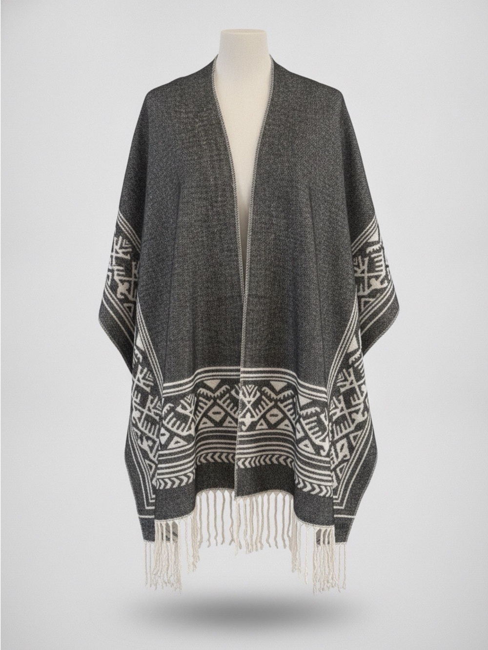 Vince Camuto Dark Gray Fringe Open Front Ruana Poncho Wrap OS